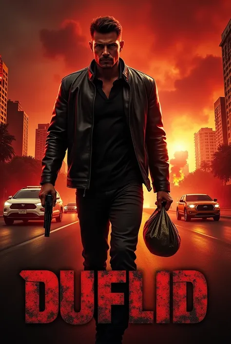 "Intense and dramatic action film cover design, set in a large Mexican city at dusk. a tough guy in a black leather jacket, holding a gun in one hand and a bag full of money in the other. In the background, the shadows of tall buildings and cars speeding o...