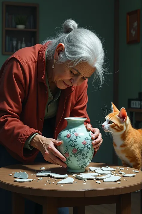 Broken porcelain vase on the table. Grandma picks up the pieces crying. The cat is on the table.