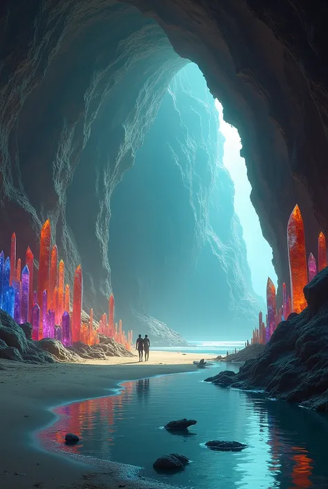 Underground beach inside a huge closed cave with no sunlight, filled with colored crystals that illuminate the environment. In the environment a couple of humanoid reptilians walk along the water&#39;s edge