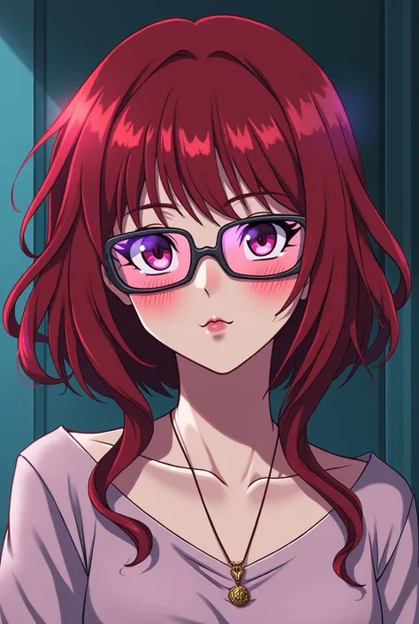 Girl, 20 years serpentine, 1990&#39;s anime style, pink glasses , high quality, 8k, vibrant colors , dark red hair rectangular image , shy, alternative style