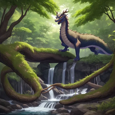 Create a realistic anime-style character portrait featuring the Elder Dragon, a mythical guardian entwined with the essence of the forest, river, and ancient wisdom.

Appearance:

The Elder Dragon is a majestic, towering creature with a serpentine body cov...