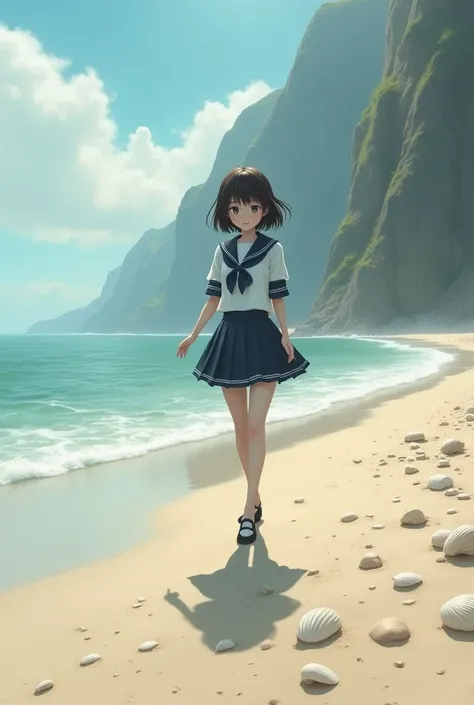 Second Dimension，A girl in a sailor suit walking on the beach