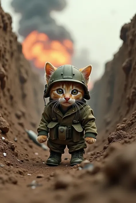 Tiny kitten in military gear, crouching in a war-torn trench, explosions in the background.