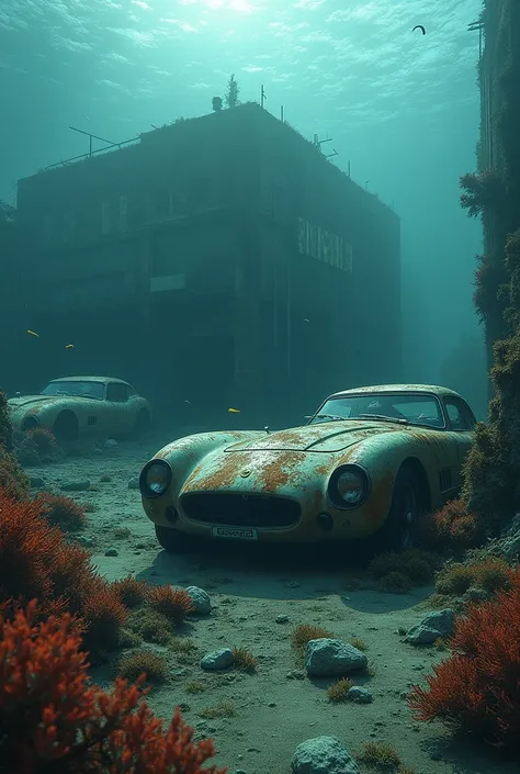 A detailed underwater scene showing a Ferrari company facility submerged for 10 years. The image should feature the remains of the Ferrari building, partially covered in algae and marine growth. Include abandoned Ferrari vehicles, partially rusted and encr...