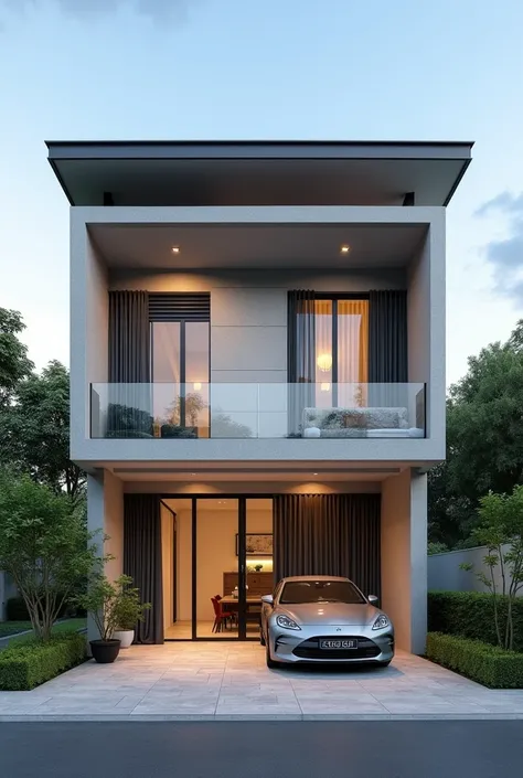 1 house in Vietnam with dimensions 5 meters wide and 15 meters long, 1 ground floor 1 floor, 3 bedrooms, 1 living room, balcony, kitchen, street frontage, blue sky, green trees behind, painted in concrete color cardboard, white, glass, aluminum, front livi...