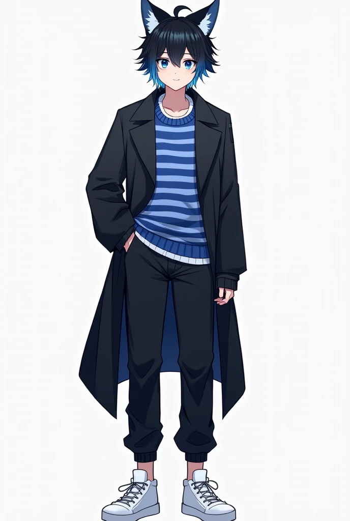 Young man with cat ears, blue eyes, with black hair with blue gradient, blue striped sweater, black long sleeved coat, black pants and white sneakers