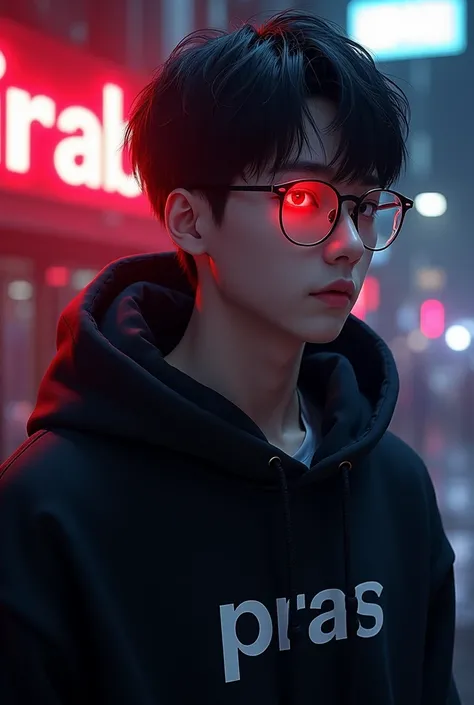 Create a character;
{background HD text: “D’Rabbit”, night}, white skin,
realistic, HDR, handsome, korean style, full body, age 20, hoodie text: “Pras”, male, dark black hair, red eye, glow light, use glasses