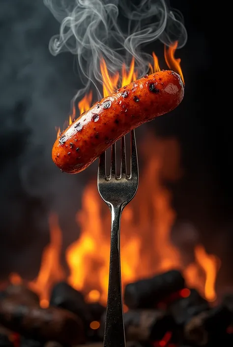 Poster that says "the Britta Argentine chorizos" with logo of yellow grilled chorizo skewered with a fork smoke fire dark background 
