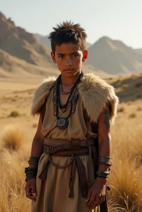 Create a boy who is from the tribe of the dothraki , from game of thrones series. Age 6, light brown skin like from the country of turkey 