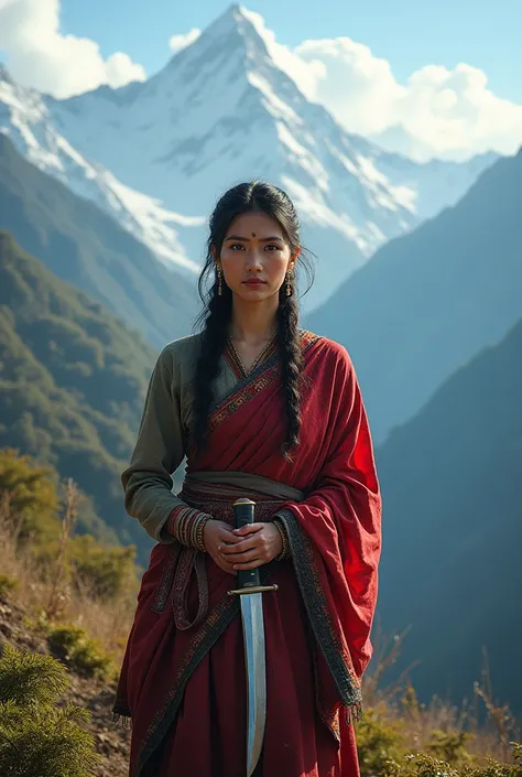 beautiful nepali women with khukuri in front of mountain and Himalaya 