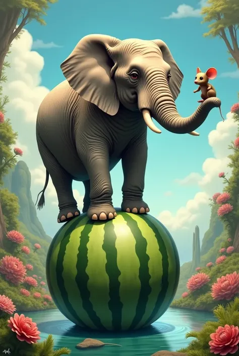 an elephant balancing on a watermelon and on an elephant&#39;s trunk a mouse