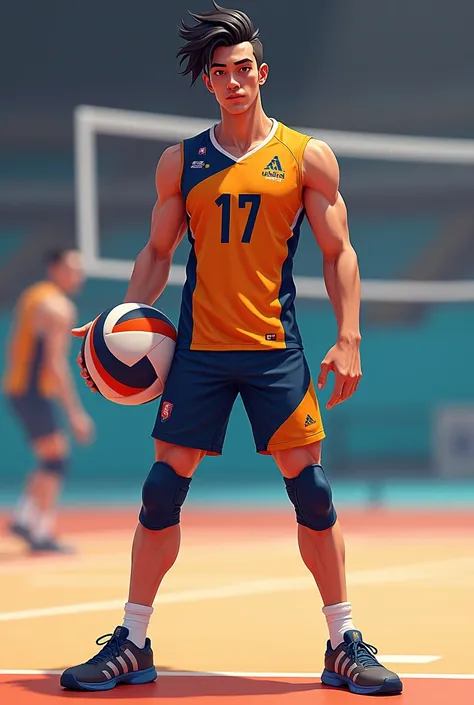 Create a character design of a volleyball player named Qasimi. He is 57" tall and wears jersey number 17. He has a distinct long forehead and stylish hair that is well-groomed and adds to his athletic appearance. On the left side of his face, there is a sm...