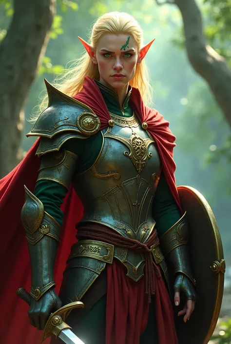 A blond male elf with emerald green eyes with a horizontal scar on his forehead wearing half-armor with a red cape and wielding a shield in his left hand and a pirate saber in his right hand. 