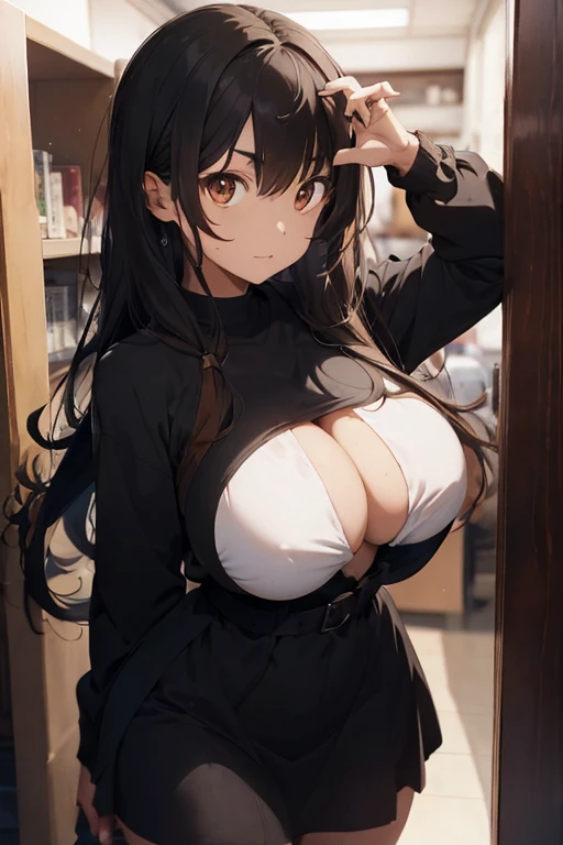 1 female, brown long messy anime hair, huge breast, thick legs, brown eyes, thick eyebrows, black long sleeve dress, black nails