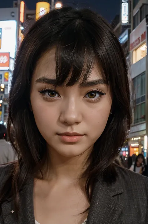 Beautiful cartoon anime young woman, face thai, Make up, in the city, live in Japan, At night.