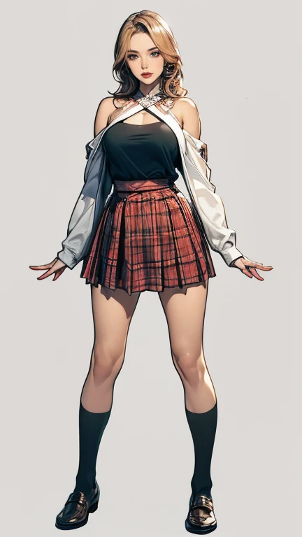 ((best quality,4K,high resolution,masterpiece:1.2)),((Character Concept Art)), 1 female, Girl, 1 Asian beauty, ((Shoulder-length blond hair)), Bleached hair, (Tan skin), Extremely detailed eyes (Brown eyes), confident, beautiful, , Round and plump figure, ...