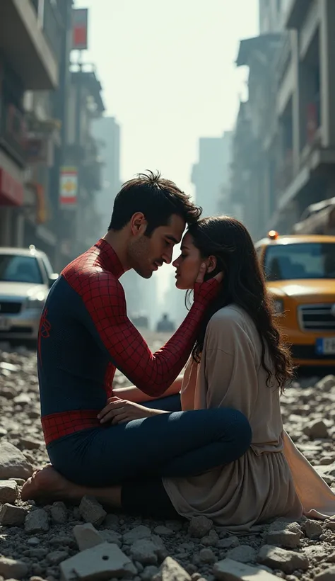 This image depicts a scene of destruction and despair. A man, who resembles Spiderman, is comforting an injured woman who has been injured in an accident amid a chaotic environment filled with rubble, damaged vehicles, and collapsed buildings. The image co...