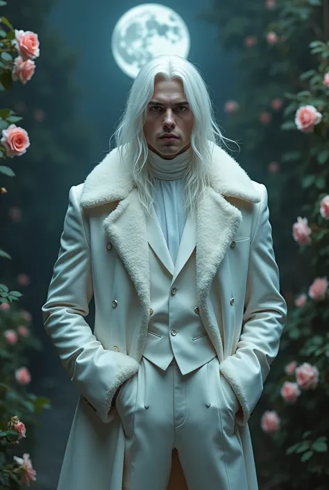 masterpiece, best quality, (Solitary focus), (Perfect face:1.1), (High Detail:1.1), (Extremely detailed eyes), dramatic, Pale skin、Man with thick white hair, White eyes, Solitary, Long hair, Sephiroth, moon, night, White luxury suit, Cover the navel, Purse...