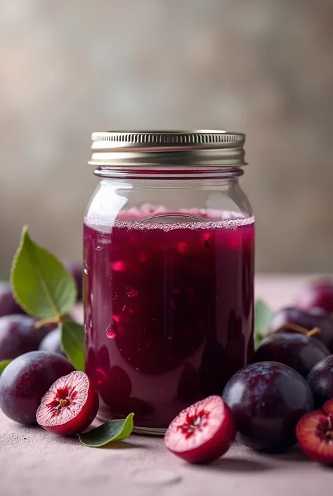 Plum jam in a mayonnaise jar 
