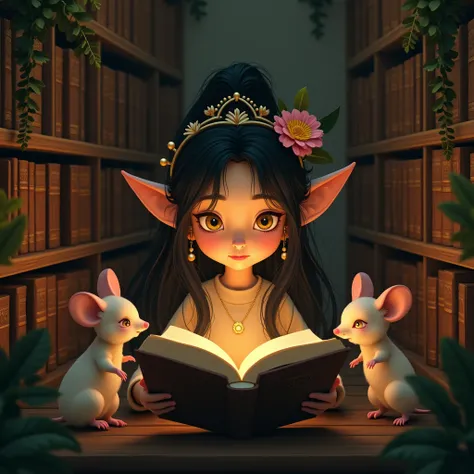 an elf, pointy ears with earrings, long, voluminous black hair, flower crown, tired yellow eyes, reading a book to a pair of mice inside a library (best quality, 4k, 8k, high resolution, masterpiece: 1.2 ), ultra-detailed, (realistic, photorealistic, photo...