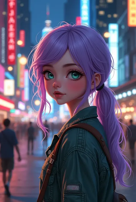 score_9, score_8_up, score_7_up, score_6_up, score_5_up, ultra-detailed, high resolution, beautiful face, 1, mint green eyes, light freckles, lilac hair,  walking casually through the bustling streets of New York City at night. 