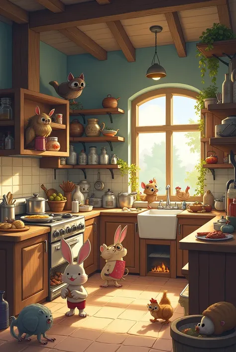 A kitchen with several different animals