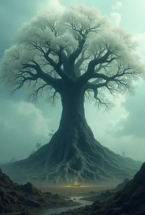 A giant magical tree, with black trunk and branches, white leaves and in their roots is a world.