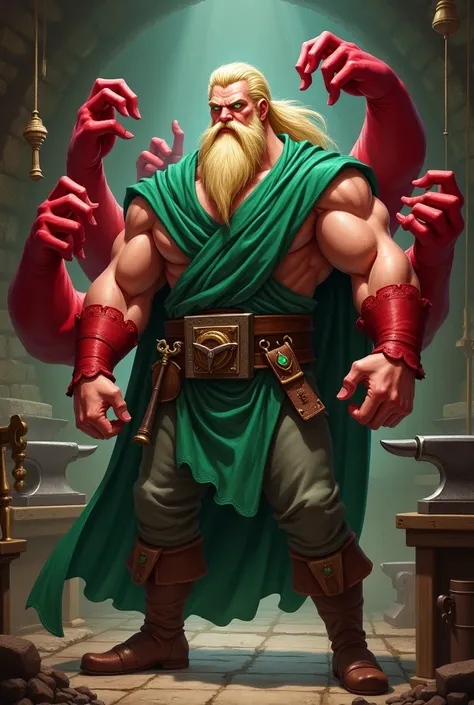 A character with a muscular build, short stature, blonde hair, emerald eyes, a long ponytail, and a beard. The character wears a large green cloak and attire reminiscent of a blacksmith. Behind the character, there are four big red arms. The character is s...