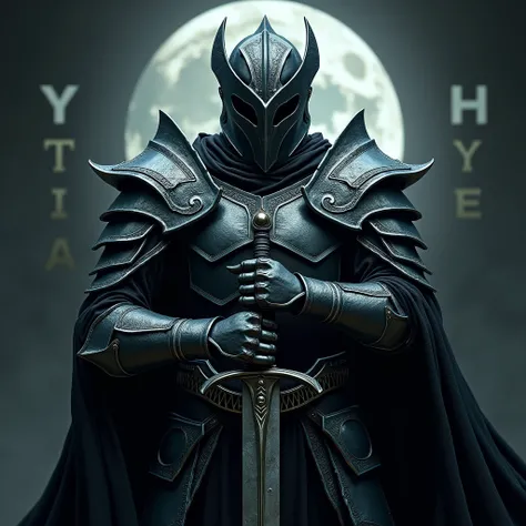 To create the realistic image like a photograph, imagine a fierce male warrior, terrifying helmet, dressed in black and silver integral detailed armor, who catches the light in a captivating way. He is holding a sword. Around him, moonlights swirl that acc...