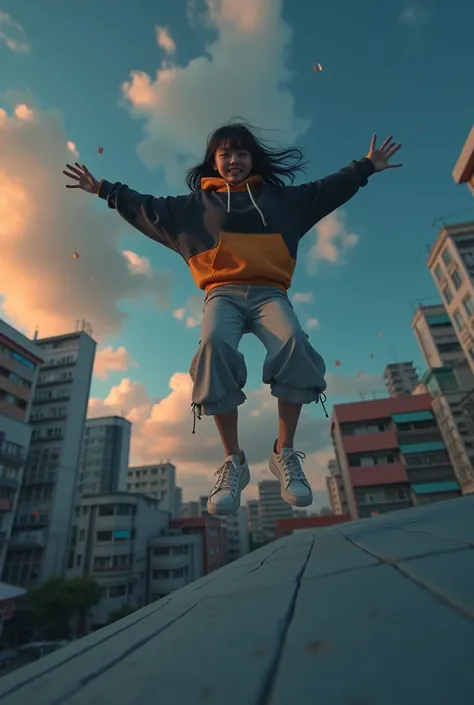 Masterpiece, 16K wallpaper, Parkour, action japanese girl parkour, rooftop, ( Subject  ( 1girl, A realistic cute japanese girl jump parkour with in the morning, wearing an youth stylist oversized hoodie fashion, orange and black stylist fashion, jumper hoo...