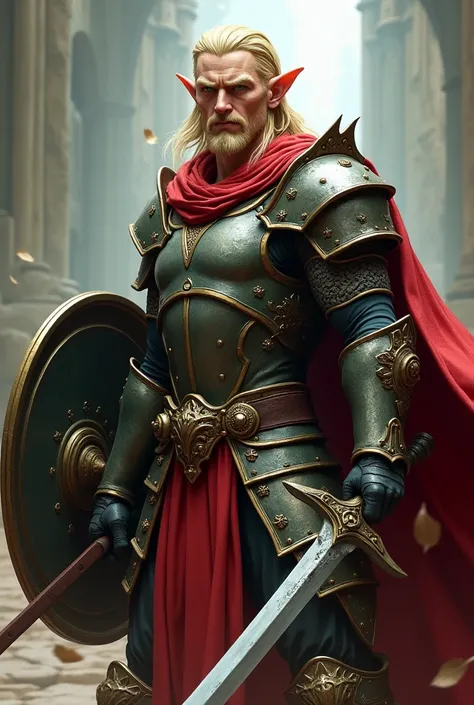 A strong blond male elf with emerald green eyes with a horizontal scar on his forehead wearing half-armor with a red cape and wielding a shield in his left hand and a pirate saber in his right hand. 