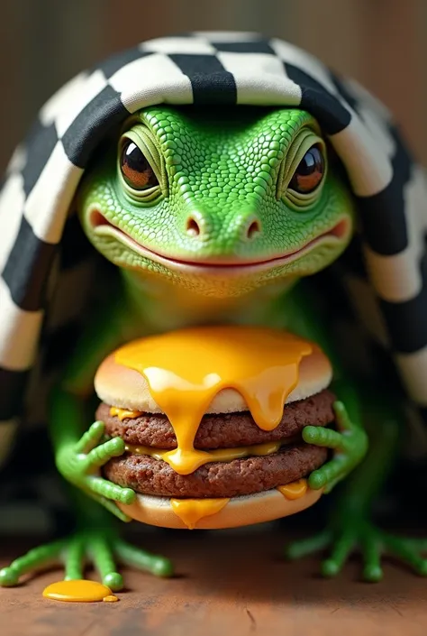 Square sheet with a black and white checkered background and a realistic green lizard smiling and covered in cheddar eating a hamburger underneath the sheet.