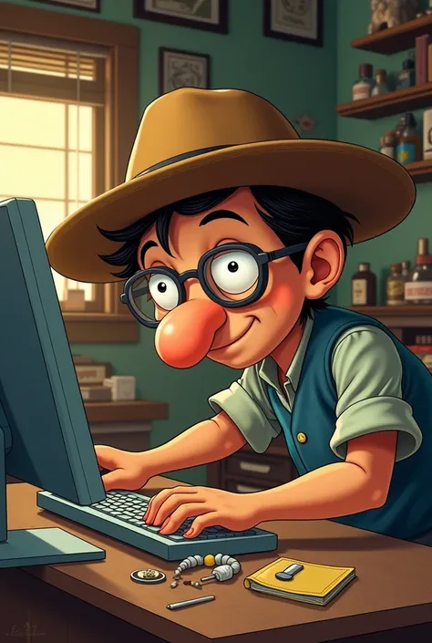 seu madruga (of Chaves) with a crooked brim cap and glasses, messing with computer