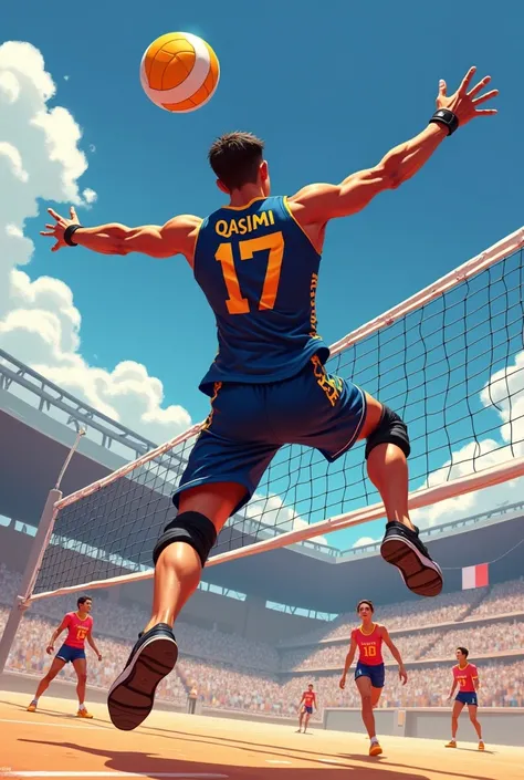 Create a character design of a volleyball player named Qasimi. Near to spike a volleyball that a setter sets for him in the air .He is 57" tall and wears jersey number 17. He has a distinct long forehead and small hair that is well-groomed and adds to his ...