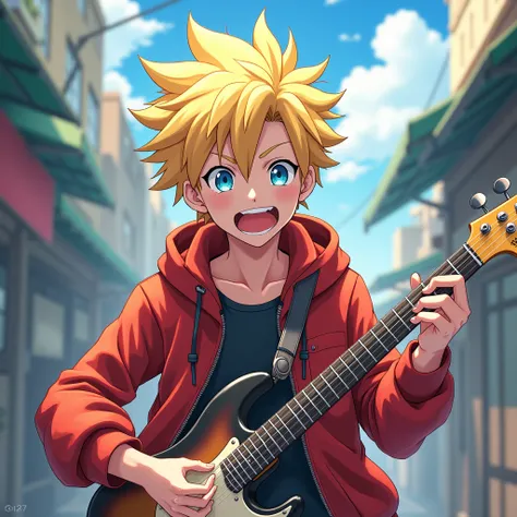 Naruto Namikaze young  male with an athletic physique and a carefree attitude. Her blonde hair and blue eyes shone with a mix of determination and curiosity.. musician. anime style
