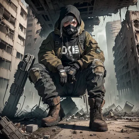 gloomy, Postapocalyptic, sitting, concentrated, Industrial ruins, dilapidated buildings, demolition, urban decay, crushed stone, destruction, Protective Clothing, mask, Big boots, face covered, snorkel capture, life support, Ecological disaster, monochroma...