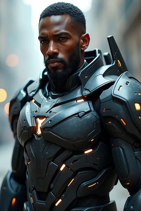 black man ,big tech armor , goatee 