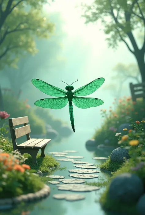 A big beautiful emerald color glowing glittery dragon fly in a magical land with sparkling white background. The environment is pure white  with flowers, trees, garden benches and the dragon fly wings are translucent 