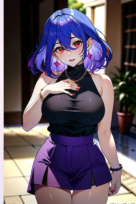 masterpiece, best quality, highly detailed, 1girl, solo, perfect anatomy, slim, red eyes, blue hair, bangs, purple hair, hair between eyes, multicolored hair, gradient hair, pink lips, thick thighs , edgCT, blouse, wearing edgCT, chic top, light smile, det...