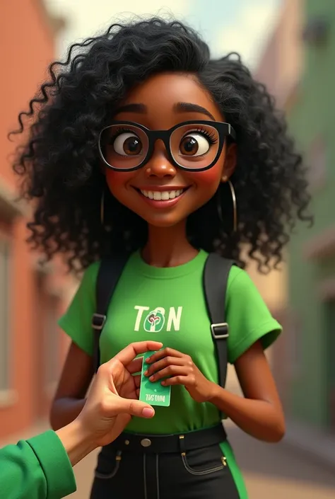 .Pixar style 3D poster of a young African girl, wavy black hair, wearing black prescription glasses , smiling in a trendy green blouse with Ton written on it and black dress pants with a green stripe, She must have a Ton machine that passes a small card in...