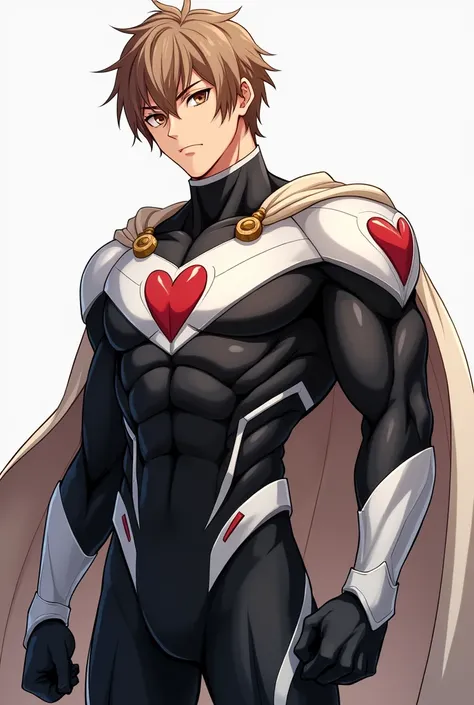 My Hero Academia style, anime boy, male, young male, trending on artstation pixiv, (full body shot:0.5), short hair, light brown hair, brown eyes, hero suit, full body suit, black suit with white details, heart on shoulders, Perfect Anatomy, Super Detailed...