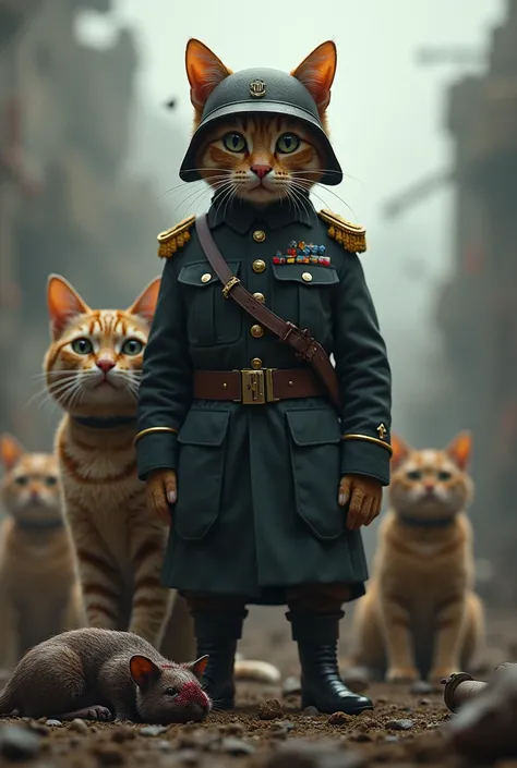 Help create a cat in a military uniform with a helmet ready for battle, 3 cats standing looking at the camera, and an enemy mouse lying injured.