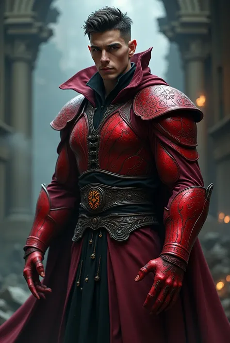 
Dark brown haired, fair skinned human male with a thick red carapace on his right arm wearing necromancer&#39;s robes 