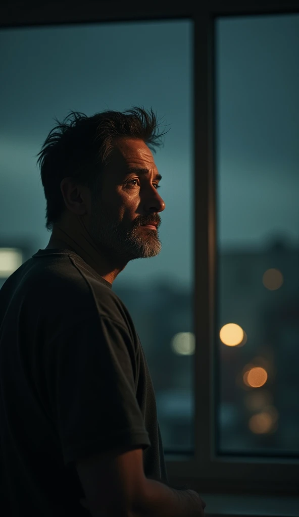 Narrator, disillusioned man with a confused expression, modern urban setting, casual wear, dimly lit apartment, contemplating life, close-up shot, hyper-realistic, photo realism, cinematography 