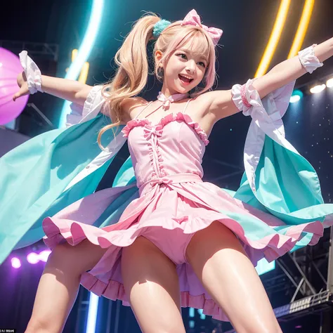 A young girl idol group, composed of five members aged 12 to 39, performs on a vibrant live stage. They are dressed in adorable pastel-colored idol costumes, each outfit featuring a different soft shade like pink, mint green, lavender, baby blue, and peach...