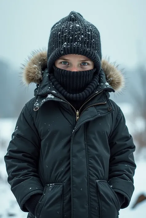 Create a boy with a black cap, hair and a balaclava