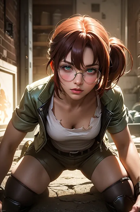 fio germi, fio germi from metal slug, lora.fio, glases, round glasses, redhead, pony tail hair, fringe, green eyes, wearing a wh...