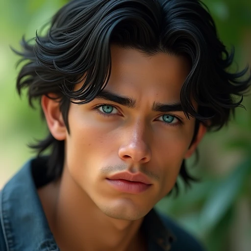 He has well-groomed, layered, wavy shoulder-length black hair. He also has blue eyes that are rather kind-looking and soft-looking despite his serious and stern demeanor. He is rather handsome, as well. Though, he does have a warm medium skin tone. He has ...