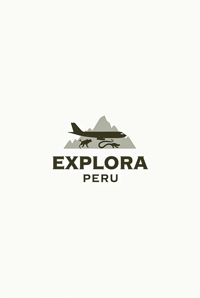 Make a logo for a travel agency called EXPLORA PERU, that the logo has the minimalist image of an airplane and a MONKEY AND SNAKE. The logo is related to travel in Peru. (that the logo has a transparent background) ADD A MINIMALIST IMAGE OF MACCHUPICHU IN ...