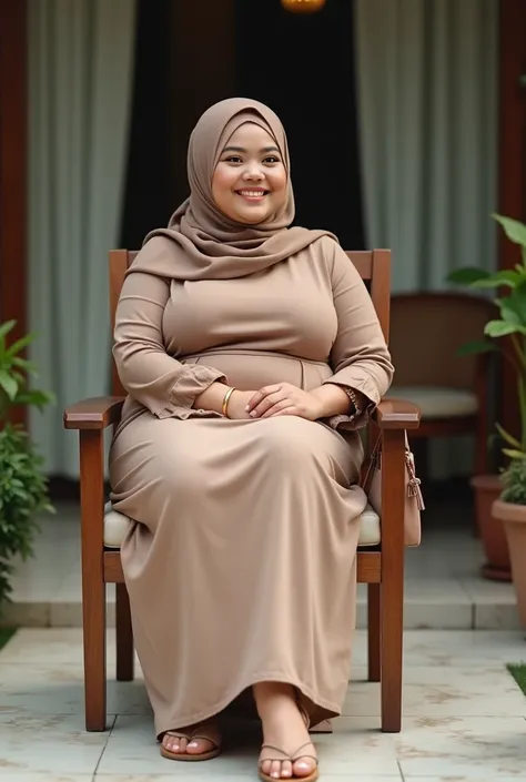 Beautiful women in hijab,Indonesian face, plump body, wearing light brown abaya, sitting on a wooden chair on the terrace of a luxury house,carrying a bag and wearing sandals,the picture looks like the whole body,looking forward with a smile,best quality a...